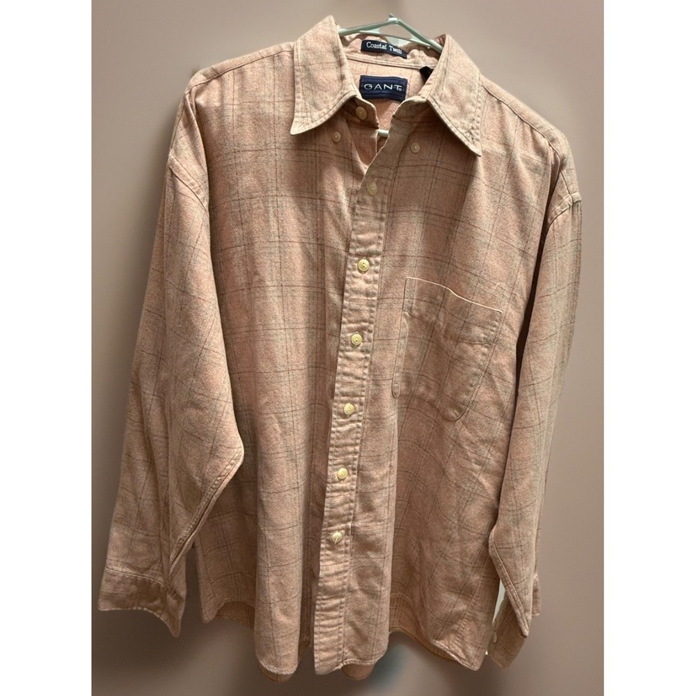 GANT Coastal Twill Plaid Button Down Shirt Men's Large Peach Pink Cotton
